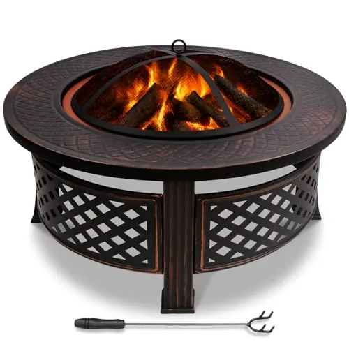 VOUNOT® Brasero Exterior de Metal Ø81 cm con Pantalla Antichispas, Tapa y Atizador, Pozo de Fuego Fire Bowl Redondo para Jardín Terraza, Negro