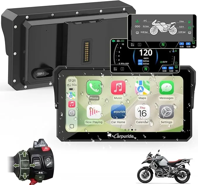 Carpuride W602BS Pro Carplay Pantalla para BMW Motocicletas, Nativo Wonder Wheel Control y Lectura de Datos, Inalámbrico CarPlay y Android Auto, 6.25" Impermeable Táctil Pantalla, OTA, Dual Bluetooth.