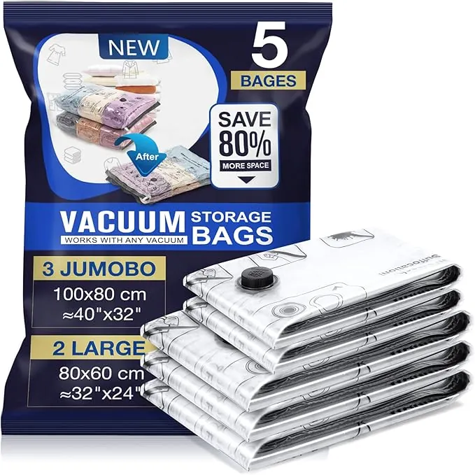 Accenter Bolsas Vacio Ropa 5 Piezas 3XL 100X80cm 2L 80x60cm Bolsas de Almacenamiento al Vacío Ahorra Espacio para Guardar Ropa, Edredones, Almohadas, Mantas
