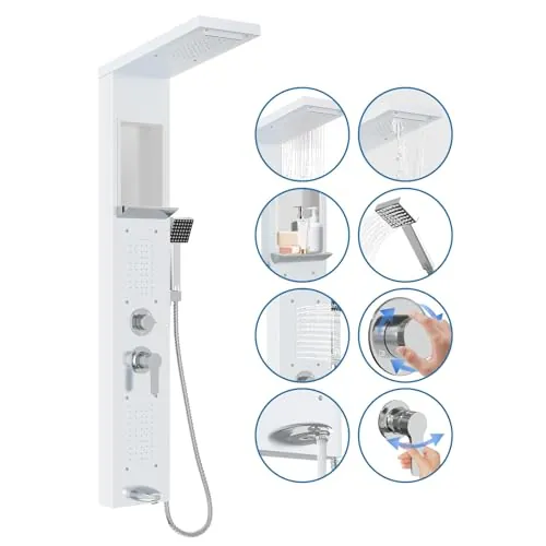 LZQ Panel de ducha de acero inoxidable, sistema de ducha de 5 funciones con ducha de lluvia, cascada, 2 chorros de masaje, ducha de mano y salida de bañera, juego de ducha montado en la pared (blanco)