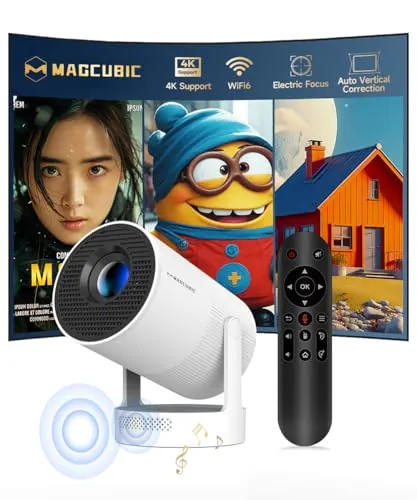 Proyector Portátil con Android 14, Mini Proyector 4k 1080P Full HD Soporte 260ANSI, Videoproyector WiFi 5G BT 5.4, Cine Projector 180 ° Se Puede Girar para TV Stick Blanco