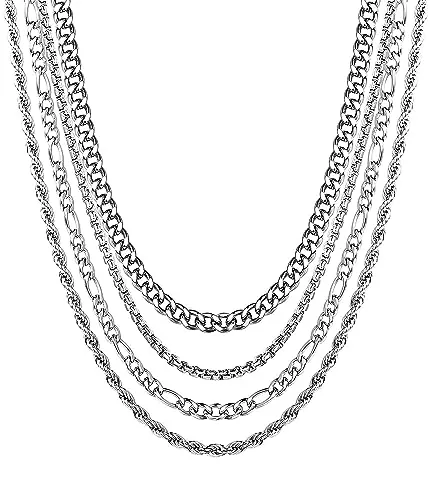 YADOCA 4PCS Cadena de Plata para Hombres Collar de Acero Inoxidable para Hombres Mujeres Cuerda Cubana Figaro Caja Mens Collar, Regalos para Mujeres Niñas Hombres Niños