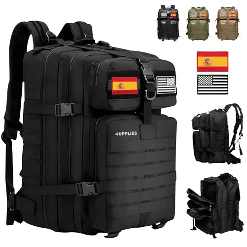 JUPPLIES Mochila Tactica Militar 45L Impermeable Oxford 600D IPX5 con Sistema MOLLE y Cremalleras Reforzadas – Gran Capacidad para Crossfit, Gimnasio, Senderismo, Viajes o Supervivencia(Negro)