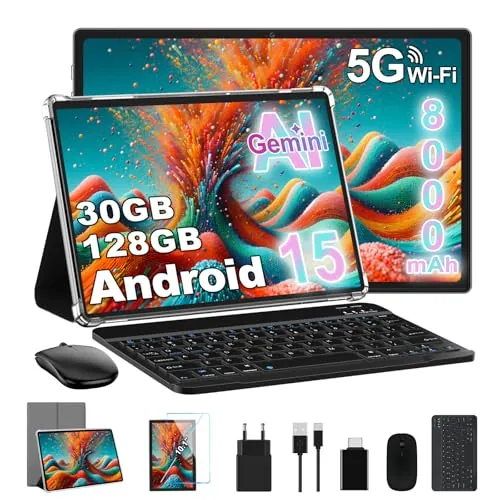 10 Pulgadas Android 15 Tablet 8000mAh Octa-Core, 30 GB RAM + 128 GB ROM (2 TB TF),Widevine L1,FHD IPS,USB-C, Wi-Fi 5G, BT5.0, 5MP+8MP, Pantalla Táctil, Facial ID, Tableta PC con Teclado y Ratón