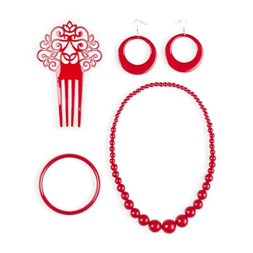 Set de Flamenca Rojo Rosa Peineta Collar Pulsera Pendientes para Feria Abril Sevilla Actuaciones Baile (Rojo)