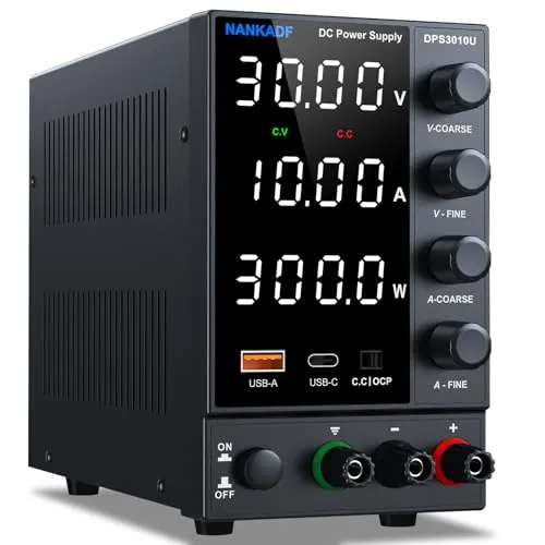Fuente de Alimentación Regulable 30 V 10 A, Aimentación de Laboratorio Fuente de Alimentacion de Banco Ajustable con Puerto de Carga rápida USB-A/Tipo C y Botón Codificador