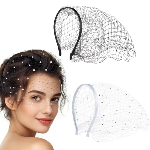 SYEYCW 2 Piezas Velo Blanco Negro Diadema para Mujer, Sombreros Fascinator con Velo con Pedrería, Sombreros Fascinator para Fiestas de Té, Bodas Por la Iglesia, Funerales, Disfraces de Halloween