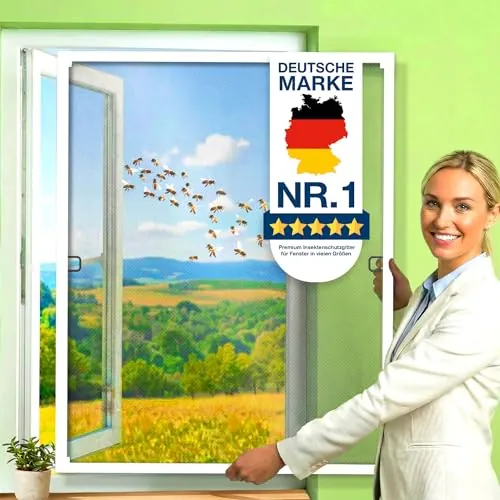 KESSER® Mosquitera para ventanas con marco de aluminio, mosquitera, mosquitero, marco de tensión, sin taladrar ni atornillar, 80 x 100 cm, Blanco