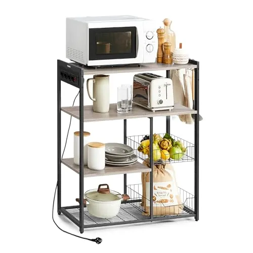 VASAGLE Estantería de Cocina con Enchufes, 2 Cestas de Malla, Estantería para Microondas, con Estantes y Ganchos, 35 x 80 x 93,5 cm, Estilo Industrial, Greige Mélange y Negro Tinta KKS196K02