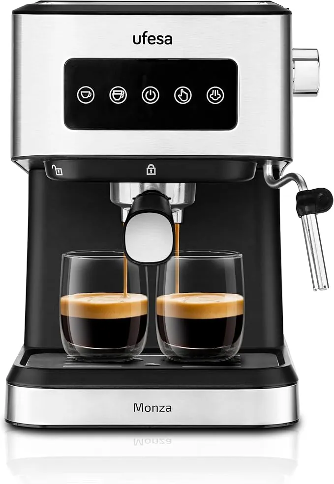 Ufesa Monza Cafetera Espresso y Capuccino de 20 Bares, Panel Táctil Digital, Vaporizador Orientable, Café Molido o Monodosis ESE, Función Calienta Tazas, 1050W, Depósito 1.5L