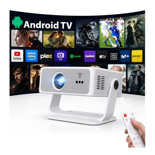 ZDK Último Proyector Portátil, 450 ANSI, Android TV Integrado, Soporta 4K y 1080P, WiFi 6 + BT5.4, Enfoque Eléctrico, Corrección Trapezoidal Automática, Rotación 270° para Cine en Casa (Blanco-Gris)