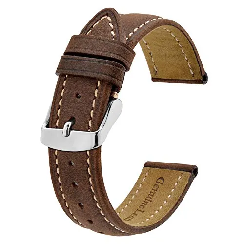 BISONSTRAP Correa de Reloj 22mm, Correa Piel de Cuero Vintage, Marrón Oscuro/Hilo Beige