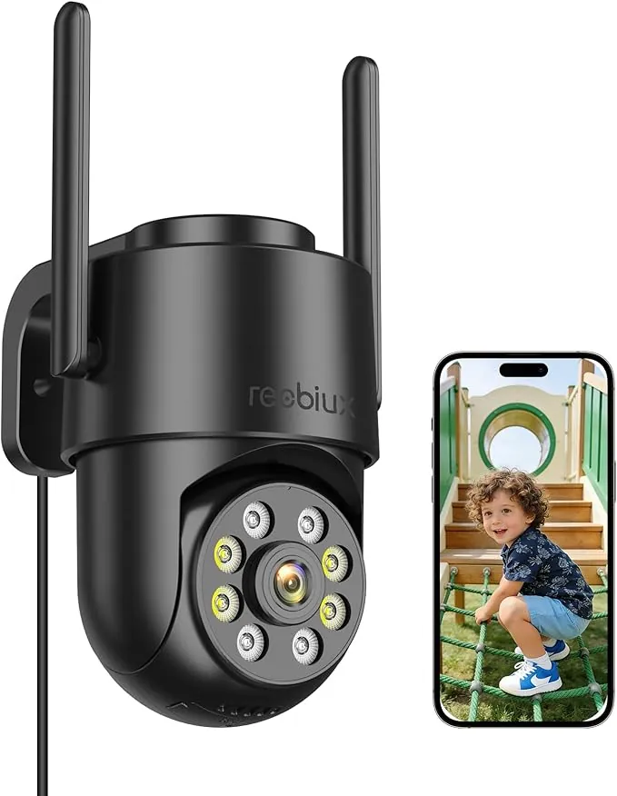 Reobiux Camara Vigilancia WiFi Exterior,2K Impermeable WiFi 2,4 GHz,PTZ 360°,Detección de Movimiento,Visión Nocturna,Audio Bidireccional,Seguridad para Hogar,Garaje y Jardín,3m Cable
