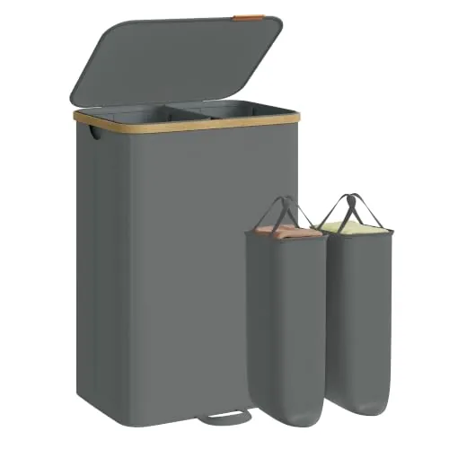 SONGMICS Cesto para la Colada con Tapa, 150 L, 2 Bolsas Extraíbles | Cesta para Ropa Sucia, Marco de Bambú, Lavandería Dormitorio, Gris Pizarra y Bambú Claro, Colección ROXANNE LCB532GN01