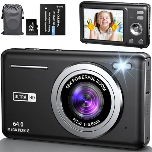 Cámara de Fotos 64MP 4K Cámara Digital Compacta con Zoom 16X 2,8" LCD Compacta Portátil Cámara con Tarjeta 32GB para Niños Principiantes Adulto (Negro)