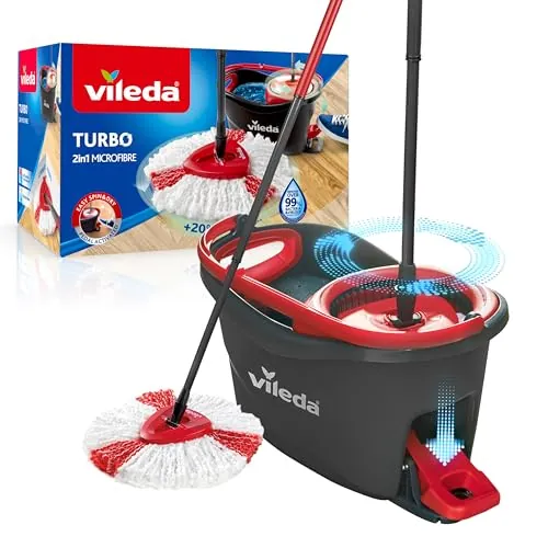 Vileda Turbo, Set de fregona con Cubo y Pedal, Palo telescópico 85-123 cm, escurrido Giratorio, Recambio Microfibra 2 en 1, Gris y Rojo