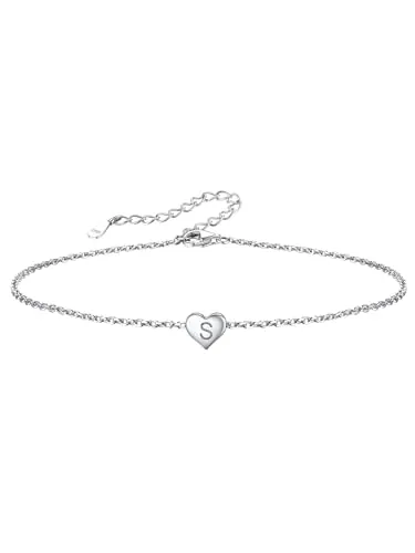 Silvora Inicial S Letras Plata Tobillera Corazón Playa Mujer, Tobillera Pulsera Plata de ley con colgante, gratis caja de regalo - 22cm con alargador 5cm