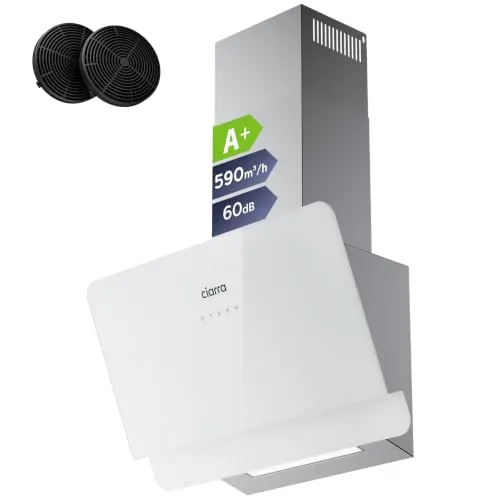 Ciarra CBCS6765C Clase A+ Campana Extractora 60 cm 580 m³/h Blanco | 3 Velocidades - Modo Reciclaje o Evacuación - Filtro de Carbón CBCF055 Incluido - Control Táctil - Panel de Cristal