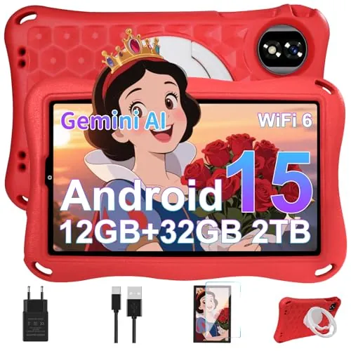 2026 Tablet Para Niños 9 Pulgadas Android 15 Gemini AI, 12GB RAM+32GB ROM(TF 1TB),Octa-Core, WiFi 6, GMS Certified, BT5.0, 8+5MP,5000mAh,Widevine L1,Control Parental,Tablet Niños con EVA Funda-Rojo