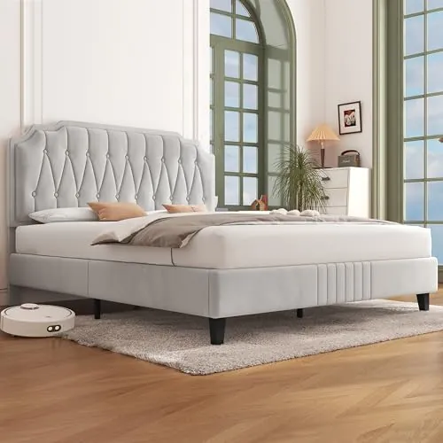 Yaheetech Cama Tapizada en Terciopelo Cama Matrimonio 160×200cm Color Beige