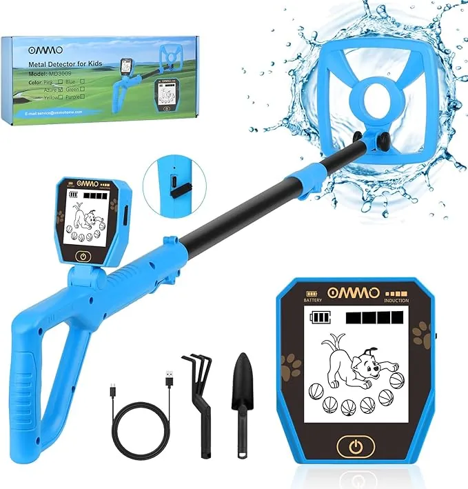 【Type-C】 Detector de Metales Niños, OMMO Detector de Metales Recargable con Divertida Pantalla LCD, 72-100cm Ajustable para Niños, IP67 Detectores de Metales Ligeros, Exploración al Aire Libre (Azul)