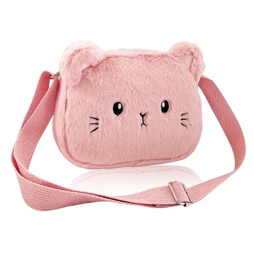 Miunpri Correa de hombro para gato para niñas, con forma de gato, correa ajustable, bolso bandolera de felpa, lindo bolso para citas, compras y senderismo, B:rosa