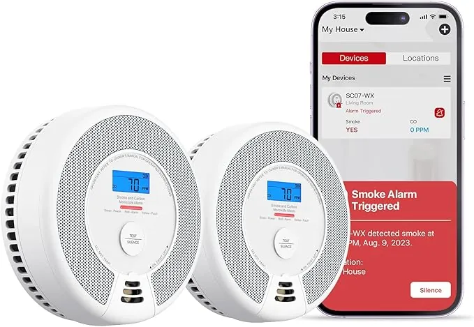 X-Sense Detector Inteligente de Humo y Monóxido de Carbono Wi-Fi con Batería Reemplazable, Compatible con la App X-Sense Home Security, SC07-WX, Pack de 2
