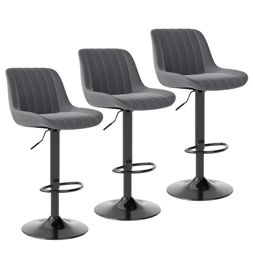 Youhauchair Taburetes Altos de Cocina Juego de 3, Taburete de Bar Giratorios de Altura con Respaldo, Taburete Alto Ajustable de Cuero PU, Taburete Cocina Moderna, Gris Oscuro
