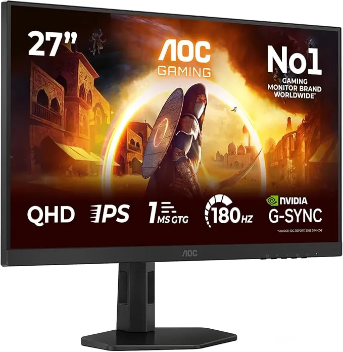 AOC Q27G4XD Gaming Monitor 27 Pulgadas, 180Hz Panel Fast IPS, 0.5HDR400, Adaptive Sync, G-Sync Compatible, Altura Ajustable, (2560x1440 HDMI 2X 2.0 DP 1x 1.4) Negro