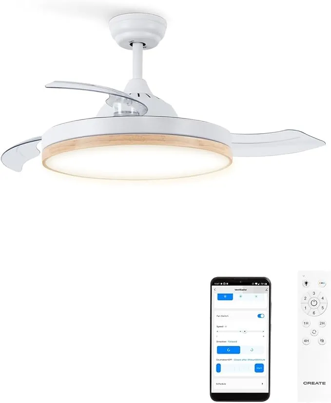CREATE / WIND CLEAR M/Ventilador de techo con luz madera clara con mando y Wifi / 40W, Ø108 cm, temporizador, 6 velocidades, aspas retráctiles, 3 temperaturas de luz, función verano-invierno
