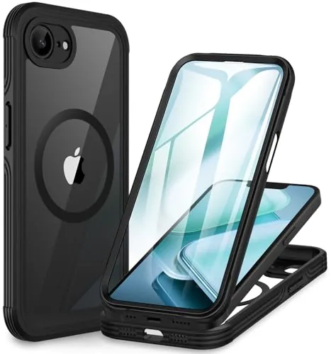 CENHUFO Magnética Funda iPhone 16E / iPhone 17E [Compatible con MagSafe] Integrado 9H Cristal Templado Protector Pantalla y Protector Cámara, 360 Grados Antigolpes Carcasa Capa Doble Cara Case -Negro