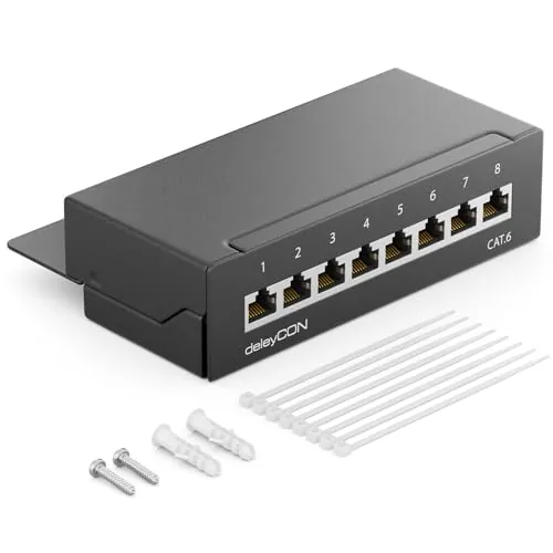 deleyCON CAT6 Patch Panel El Panel de Corrección 8 Puertos Escritorio y Montaje en Pared - Blindado - Enchufe 8x RJ45 - TIA568A TIA568B - Negro
