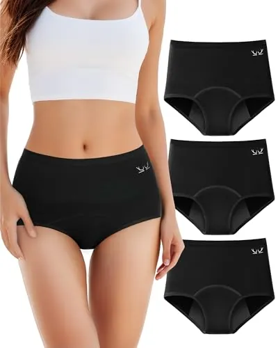 TANSTC Bragas Menstruales Mujer Cómodas, Seguras Y para Flujo Abundante E Incontinencia, Bragas Menstruales Flujo Abundante, Bragas Postparto Algodon, Negro, S Pack de 3