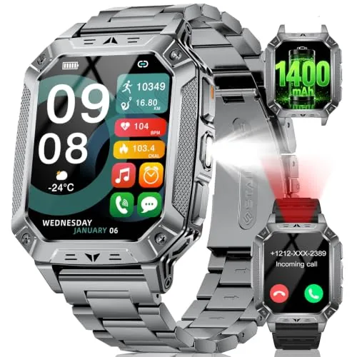 LIGE Reloj Inteligente Hombre 1400mAh de Larga Duración, Gran Pantalla HD de 2,01", Linterna LED con Botón, Llamadas Bluetooth, 120+ Modos Deportivos, Frecuencia Cardíaca & SpO2, IP68, iOS Android