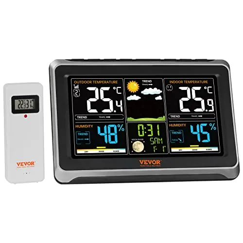 VEVOR Estación Meteorológica Inalámbrica 7 en 1 para Exterior e Interior Gran Pantalla a Color de 7,5" Estación Meteorológica Digital con Sensor de Reloj Atómico Retroiluminación Ajustable Calendario