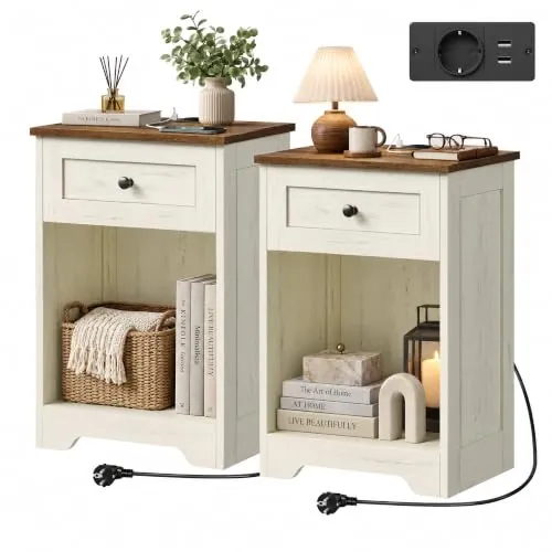 VASAGLE Mesita de Noche con Estación de Carga, Cajón | Mesa Auxiliar con Enchufes y Puertos USB, 40 x 30 x 59 cm, Estilo Rústico, Blanco Rústico y Marrón Miel, SIREN LET828WJ01