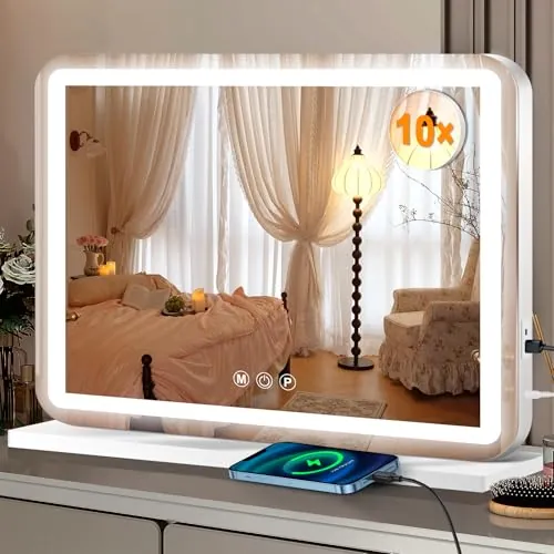 Ratsamee Espejo Maquillaje con Luz, Espejo Tocador 3 Modos de Luz, Intensidad Ajustable, Control Táctil, Accesorio de Aumento Incluido, 58 x 46cm, Blanco