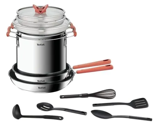Tefal Optispace - Juego de 2 Sartenes antiadherentes 24/28 cm + 3 Ollas 18/20/22 cm + 2 Tapas, Apto inducción, Thermo-signal, apto lavavajillas y horno, acero inoxidable