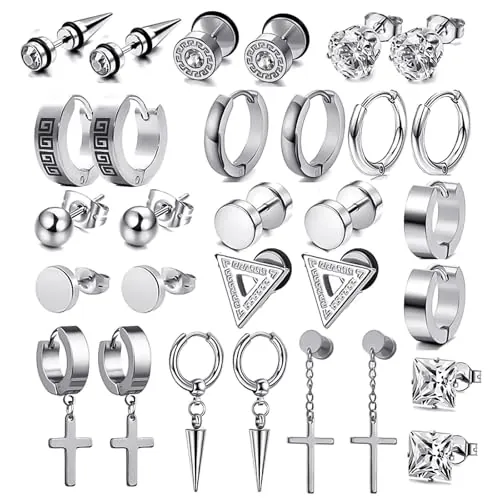 ZXTGBQ 15 Pares Pendientes Hombre, Piercing Ear Bisel Redondo, Pendientes de Aro Plata, Cruz Colgante Set (Sliver)