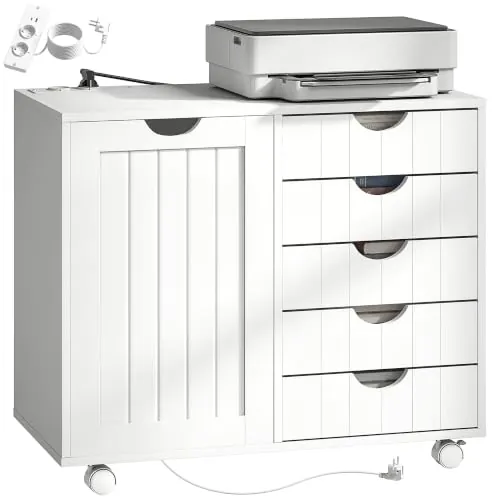 HOMCOM Mueble para Impresora con Estación de Carga, Ruedas, USB, Blanco