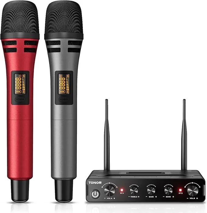 TONOR Micrófono Inalámbrico, Dual Mic UHF Sistema de Micrófono Dinámico de Mano con Receptor, Compatible con Amplificador, Sistema PA,para Karaoke Domestico/Boda/DJ/Fiesta/Iglesia,60M, Gris&Rojo,TW350