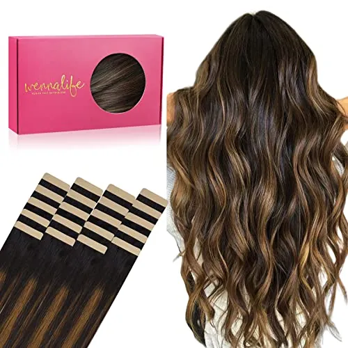 WENNALIFE Extensiones Adhesivas Pelo Natural, 35cm, 50g, 20 Piezas, Balayage Natürliches Schwarz bis Chestnut Braun, Extensiones Pelo Remy Cabello Humano