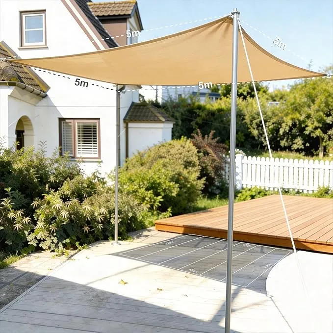 HAIKUS Toldo Vela Triangular 5x5x5 m, Vela de Sombra Triángula HDPE, Transpirable, Resistente al 98% Rayos UV para Exterior, Patio, Jardín, Terrazas (Arena)
