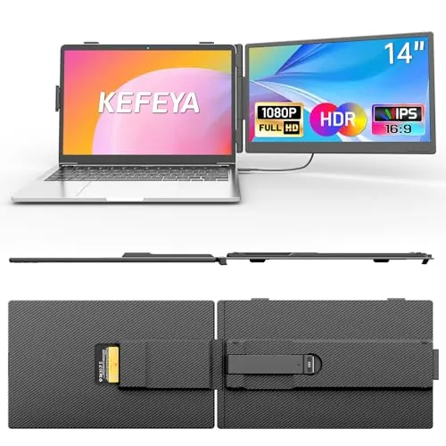 KEFEYA Monitor Portatil 14” FHD 1080P IPS Extensor Pantalla Portatil, Doble Pantalla para Portatil, Laptop Screen Extender Plug & Play para Windows, Mac, Android, PS5 para Laptops 13-17.3"