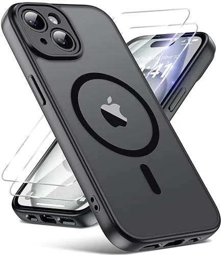 FLLAO Funda para iPhone 15, Compatible MagSafe, con 2 Piezas Protector de Pantalla Cristal Templado, [Protección de Cámara] Magnética Carcasa Translúcida Mate Trasera Fina Antigolpes, Negro