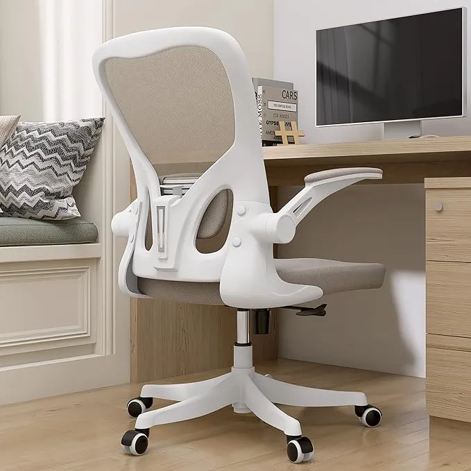 Monhey Silla de Oficina ERGONÓMICA - Soporte Lumbar y Reposacabezas Ajustable, Brazos Abatibles, Respaldo Alto Reclinable (90°-130°), Malla Color Beige Arena - para Estudio/Home Office