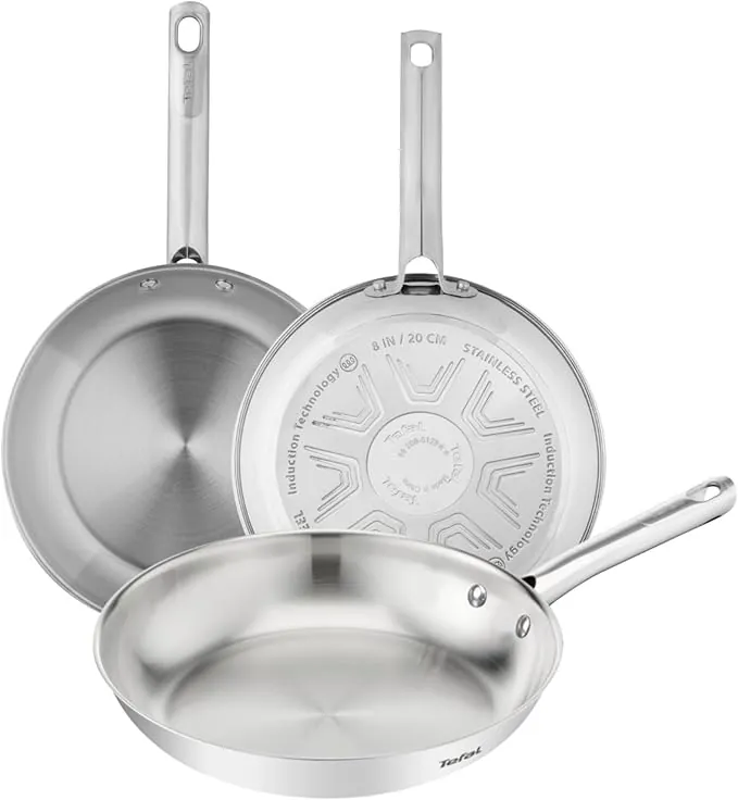 Tefal Duetto On - Juego de Sartenes de 20/24/28 cm, Acero inoxidable, Cocción rápida y uniforme, Apto inducción, Mango ergonómico, 10 años de garantía, Resultados crujientes