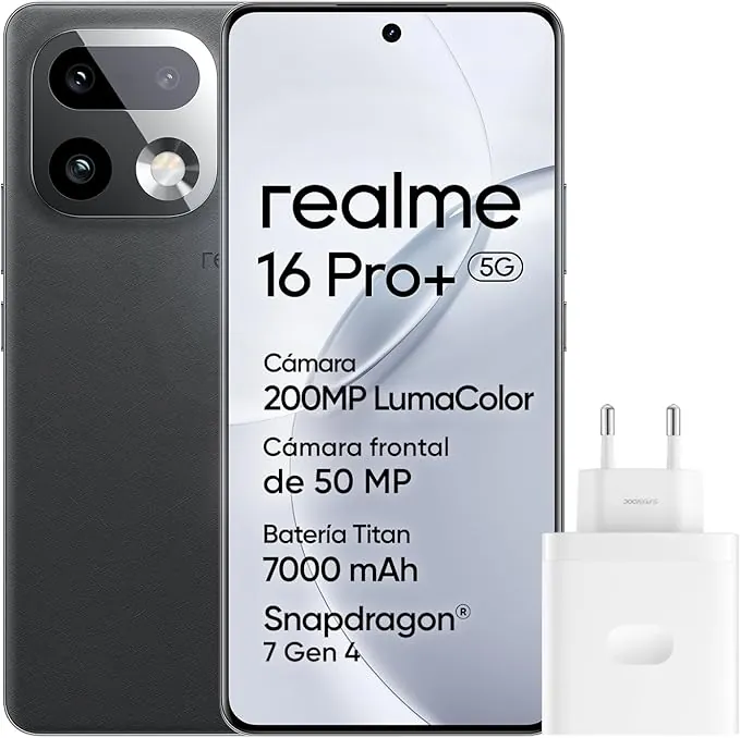 realme 16 Pro+ 5G Smartphone, 8GB+256GB, Pantalla Curva AMOLED 144Hz 6,8", Batería 7000mAh, Cámara 200MP OIS, IP69K, Carga Rápida 80W, Dual SIM, Next AI, Gris (con Adaptador)
