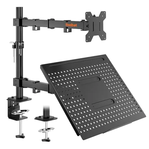 REDBAT Brazo para Monitor de 13 a 32 Pulgadas Pantalla LED LCD, con Bandeja para Portátil hasta 16 Pulgadas, Soporte con VESA de 75/100 mm, 2 Opciones de Montaje