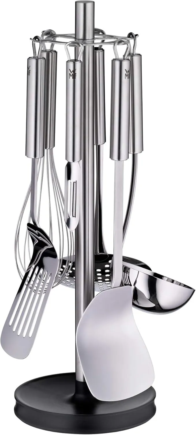 WMF Profi Plus - Juego de 7 Utensilios de Cocina con Soporte, Cucharón, Espumadera, Espátula para Wok, Espátula, Batidor, Pelador de Verduras Acero Inoxidable Cromargan Pulido, 42,5 cm
